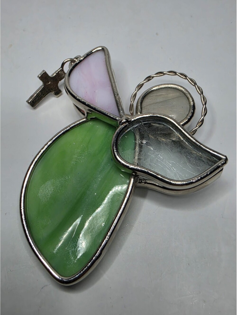 Vintage Stained Glass Angel Suncatcher 3" Green Pink